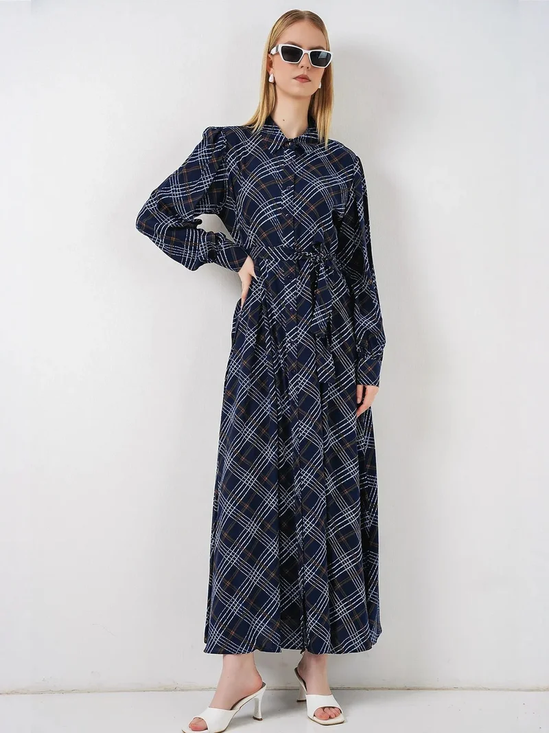 بيغ دارت BDART Plaid Midi Shirt Dress with Button Closure