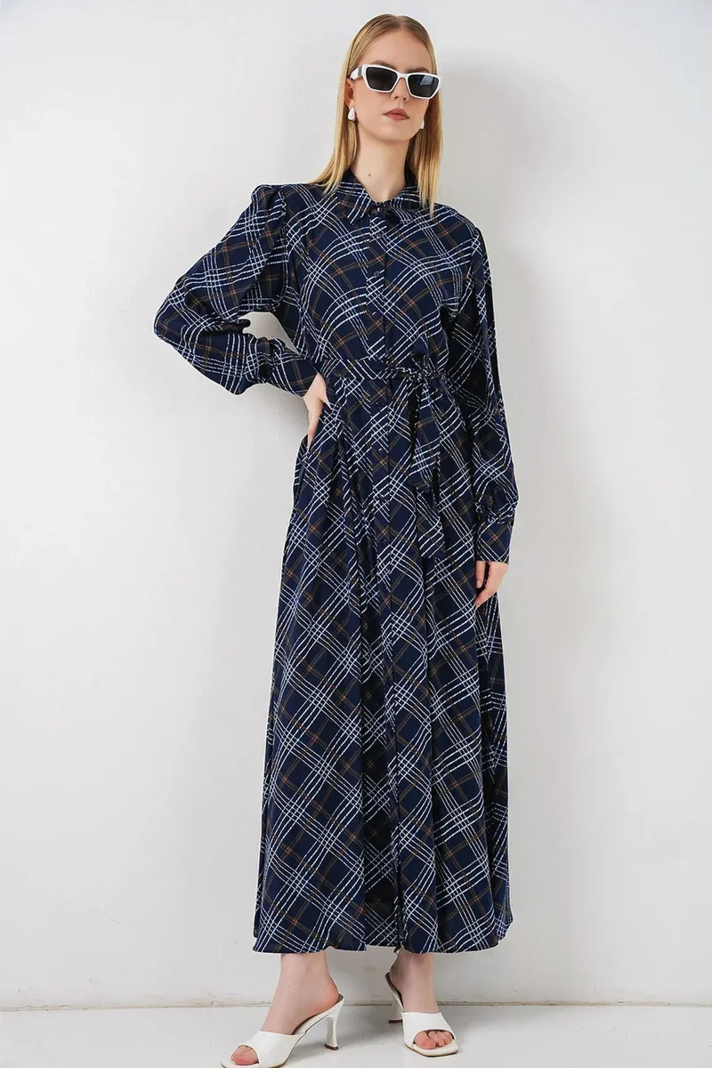 بيغ دارت BDART Plaid Midi Shirt Dress with Button Closure