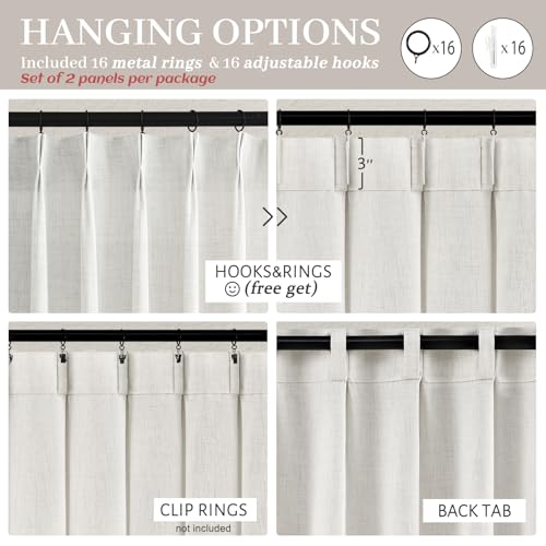 PleatedDrapes 102 Inch Long Curtains for Living/Dining Room, Elegant Pinch Pleated Linen Curtain 102 inches Light Filter Privacy That Let Light in Cortinas para Sala Modernas 2 Panels Set Beige White - Image 4