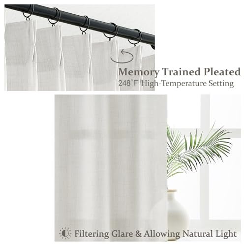 PleatedDrapes 102 Inch Long Curtains for Living/Dining Room, Elegant Pinch Pleated Linen Curtain 102 inches Light Filter Privacy That Let Light in Cortinas para Sala Modernas 2 Panels Set Beige White - Image 3