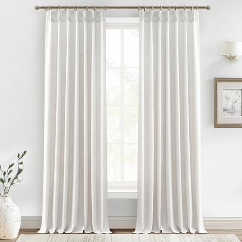PleatedDrapes 102 Inch Long Curtains for Living/Dining Room, Elegant Pinch Pleated Linen Curtain 102 inches Light Filter Privacy That Let Light in Cortinas para Sala Modernas 2 Panels Set Beige White - Image 1