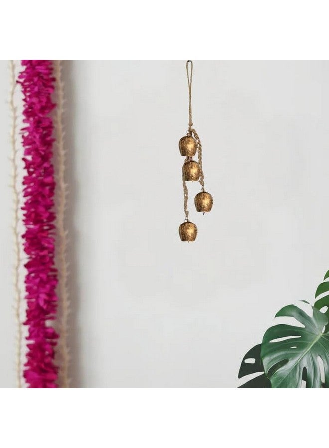 JASMEY HOMES Mini Wall Hanging Bells - Set of 4- Golden Color Handcrafted Bells Cluster on Jute Rope | Swiss Vintage Lucky Cow Bells On Rope Wall Hanging Decor (Golden Antique) - Image 2