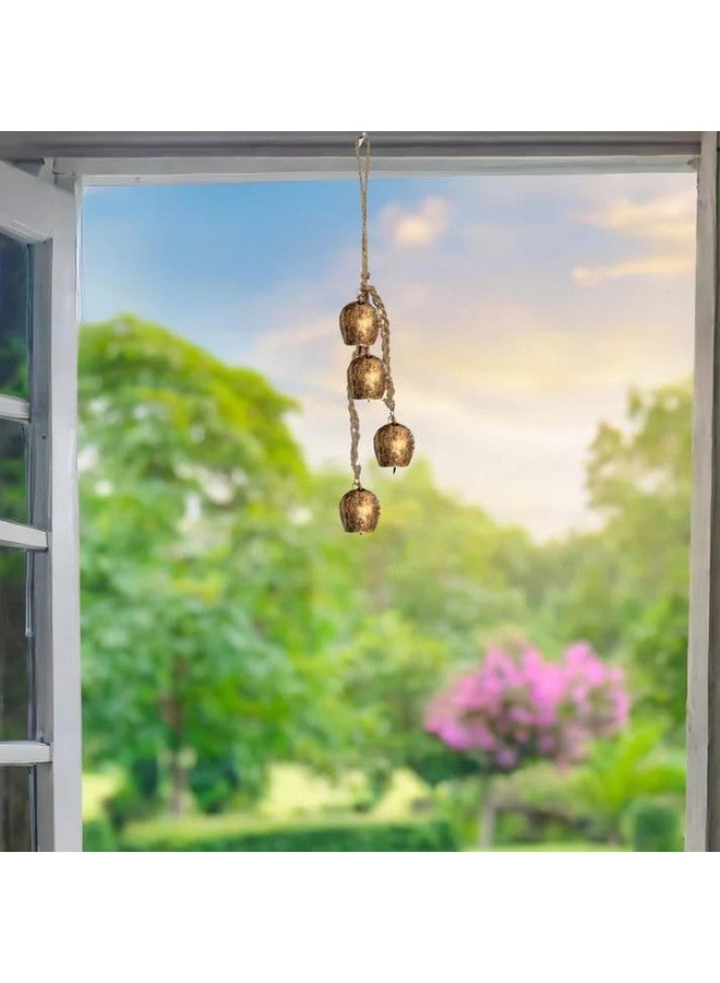 JASMEY HOMES Mini Wall Hanging Bells - Set of 4- Golden Color Handcrafted Bells Cluster on Jute Rope | Swiss Vintage Lucky Cow Bells On Rope Wall Hanging Decor (Golden Antique) - Image 4