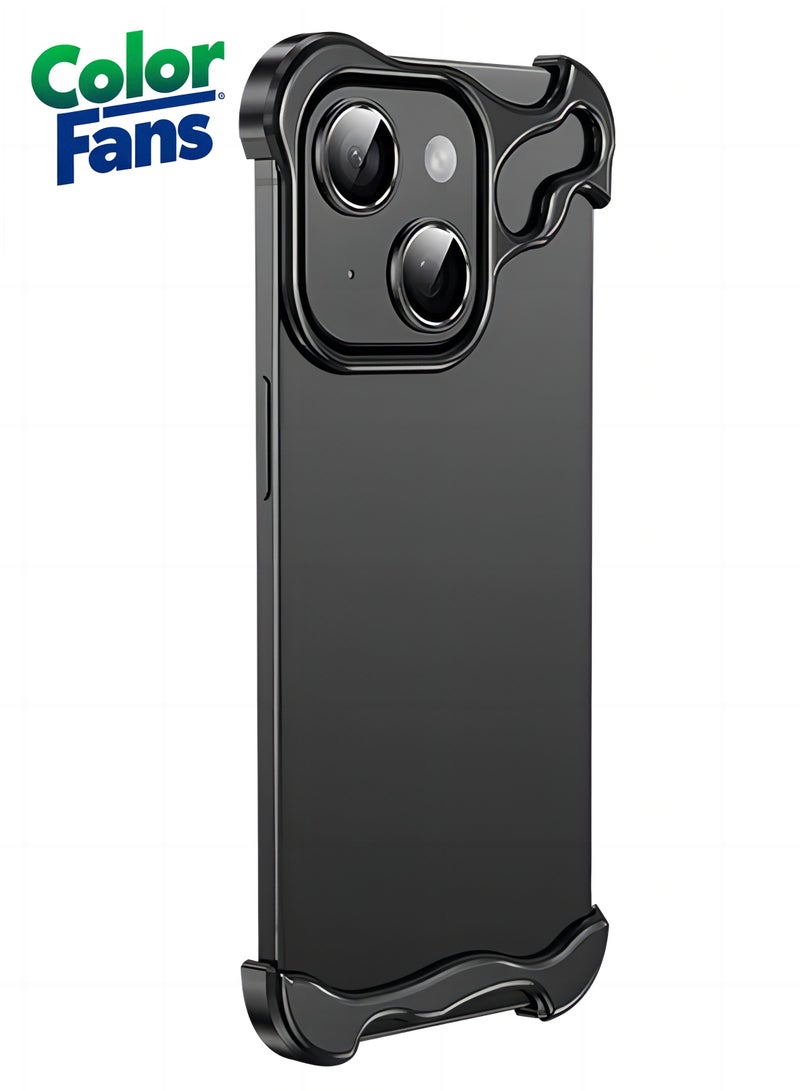 Color Fans Suitable for iPhone 15 Alien Borderless Metal Corner Pad Phone Case with Lens Film Black