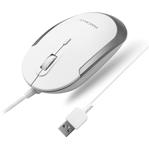 Macally Silent Wired Mouse - Slim & Compact USB Mouse for Apple Mac or Windows PC Laptop/Desktop - Designed with Optical Sensor & DPI Switch - Simple & Comfortable Wired Computer Mouse (White) - Image 1