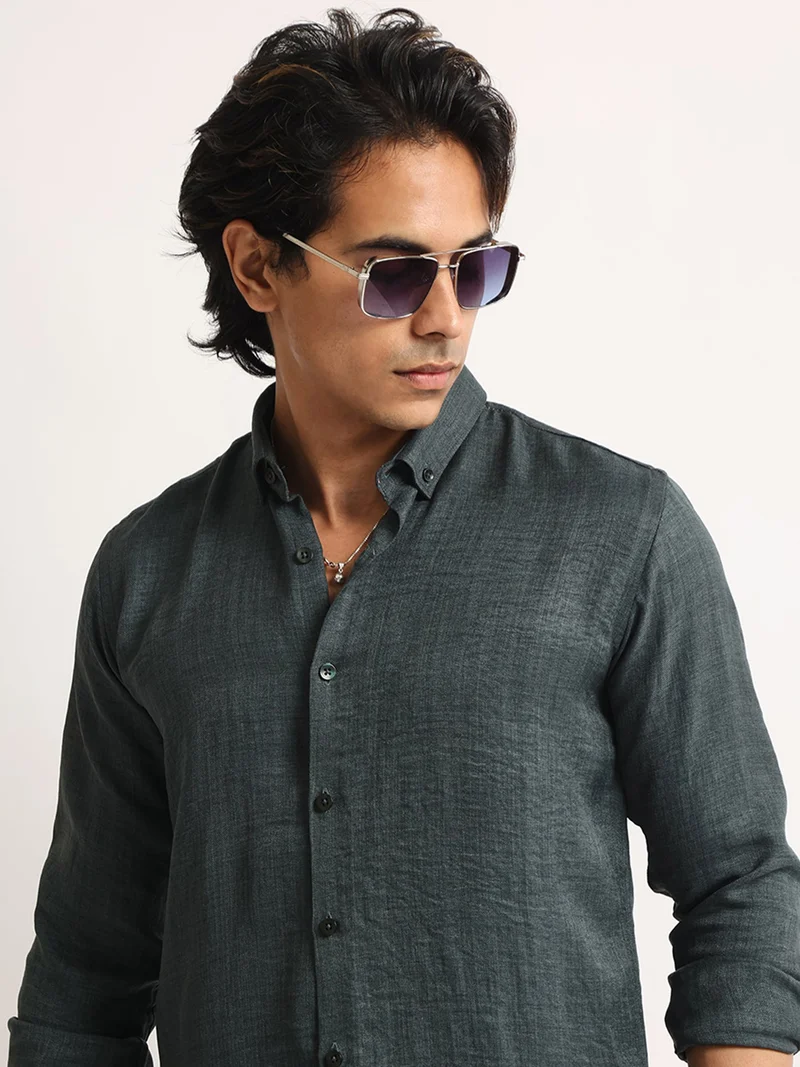 Maniac  Maniac Mens Solid collared Neck Full Sleeve Super Twill Fabric Olive Shirt for Men | Best Price UAE