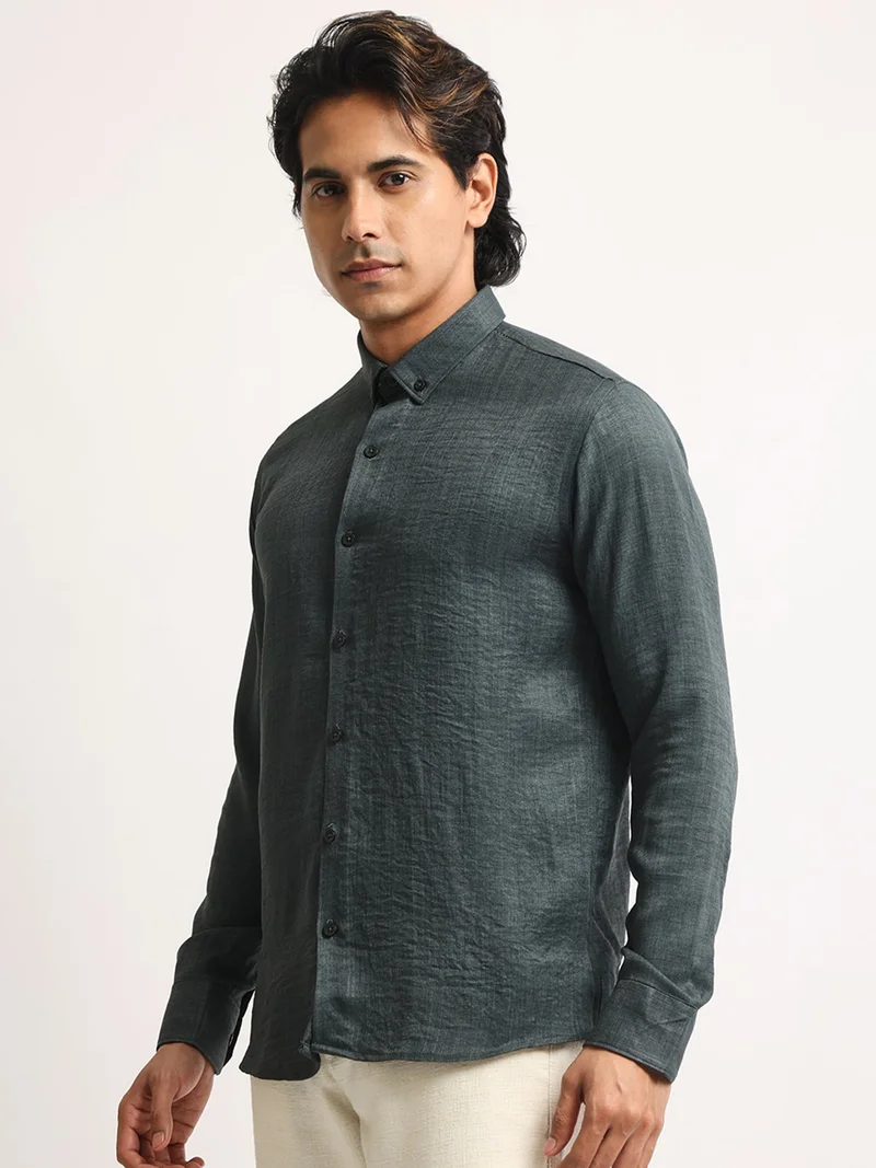 Maniac  Maniac Mens Solid collared Neck Full Sleeve Super Twill Fabric Olive Shirt for Men | Best Price UAE