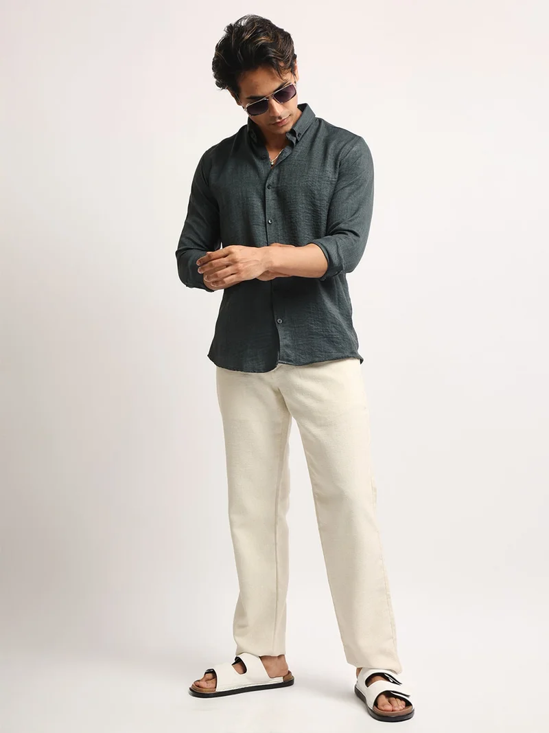 Maniac  Maniac Mens Solid collared Neck Full Sleeve Super Twill Fabric Olive Shirt for Men | Best Price UAE