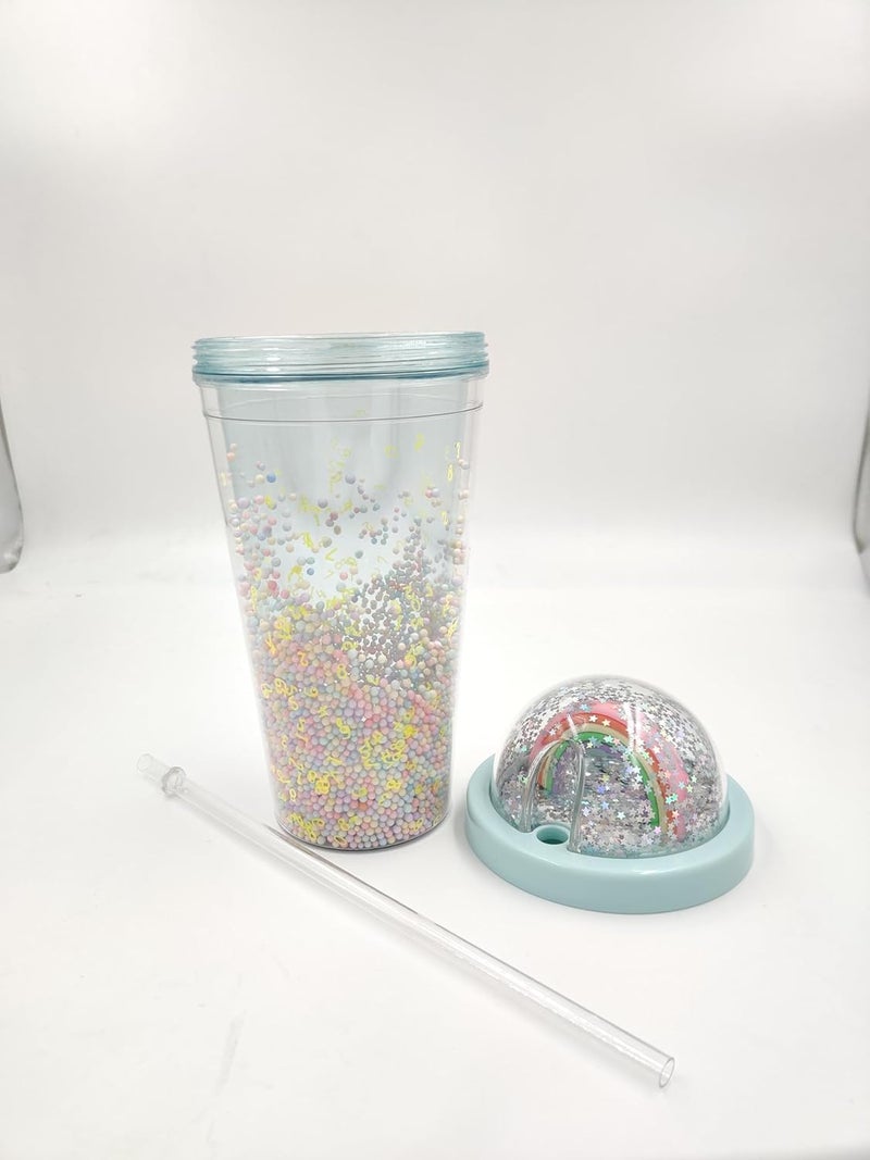 IKTU Double Wall Rainbow Water Bottle For Girls Shiny Glitter Tumbler | For Girls & Boys, School & Coaching | Gift For Kids, Plastic (Blue OR Green, 550 Ml, Pack of 1) - Image 4