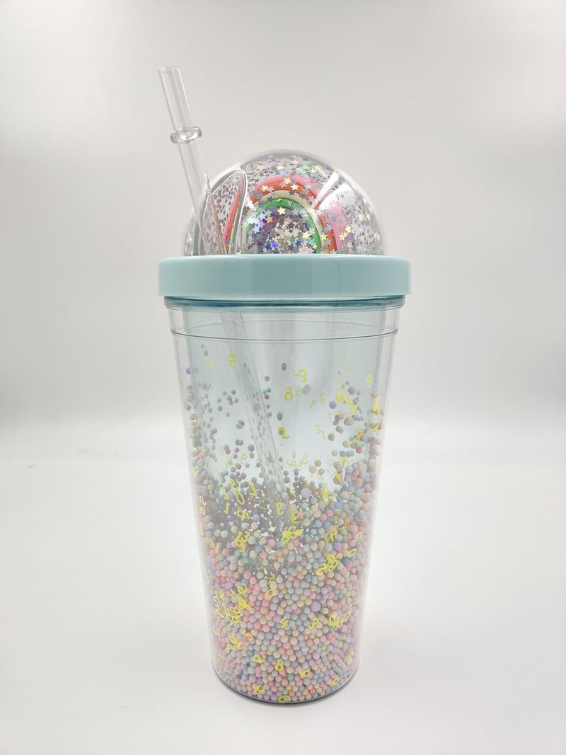 IKTU Double Wall Rainbow Water Bottle For Girls Shiny Glitter Tumbler | For Girls & Boys, School & Coaching | Gift For Kids, Plastic (Blue OR Green, 550 Ml, Pack of 1) - Image 5