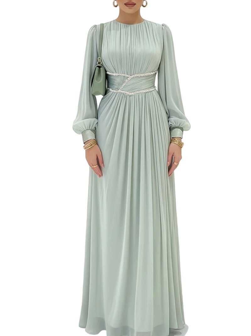 Glossy Fabric Muslim Maxi Dress, Women's Long Sleeve Waist-Cinching Abaya Style Dubai Style Eid Elegant Women's Gown, Suitable for Ramadan and Party Occasions LL168 - Image 1