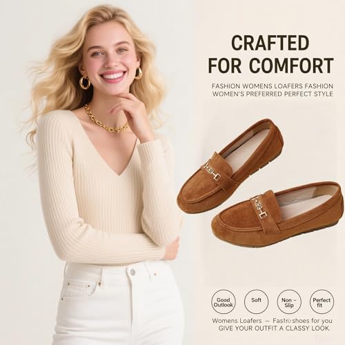 DeYashopin Women's Loafer Shoes Leisure Slip On Work Shoes Comfort Walking Flats Tan 8 - Image 2