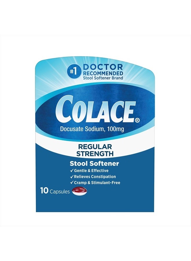 Colace ملين ال بقوة منتظمة، كبسولات 100 مجم، 10 قطع، ملين ال دوكوسات الصوديوم لتخفيف الألم بشكل لطيف وموثوق - Image 1