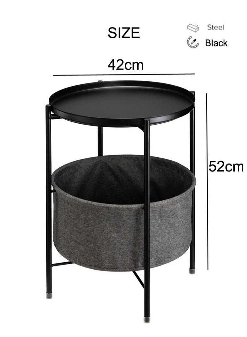 Gerenic Small coffee table simple tray tablecloth pocket double-layer iron coffee table  sofa bedside table small round table, mini side table 42 * 42 * 52cm Black - Image 2