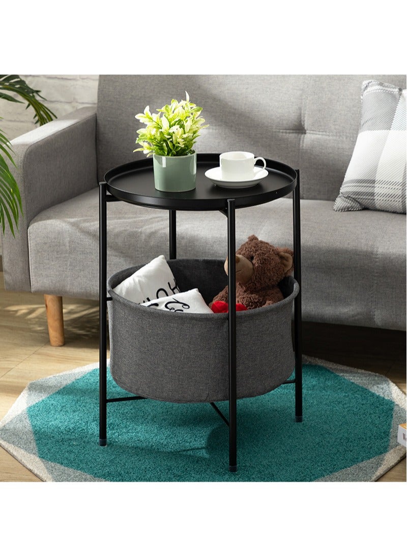 Gerenic Small coffee table simple tray tablecloth pocket double-layer iron coffee table  sofa bedside table small round table, mini side table 42 * 42 * 52cm Black - Image 3