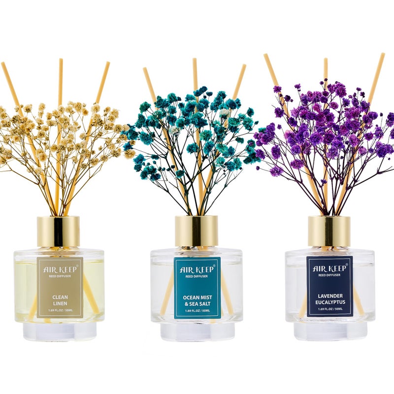 Airkeep Reed Diffuser Set of 3,Clean Linen Ocean Mist&Sea Salt Lavender Eucalyptus Oil Reed Diffusers for Bedroom Living Room Office Aromatherapy Oil Reed Diffuser for Gift 50ml x 3 - Image 1