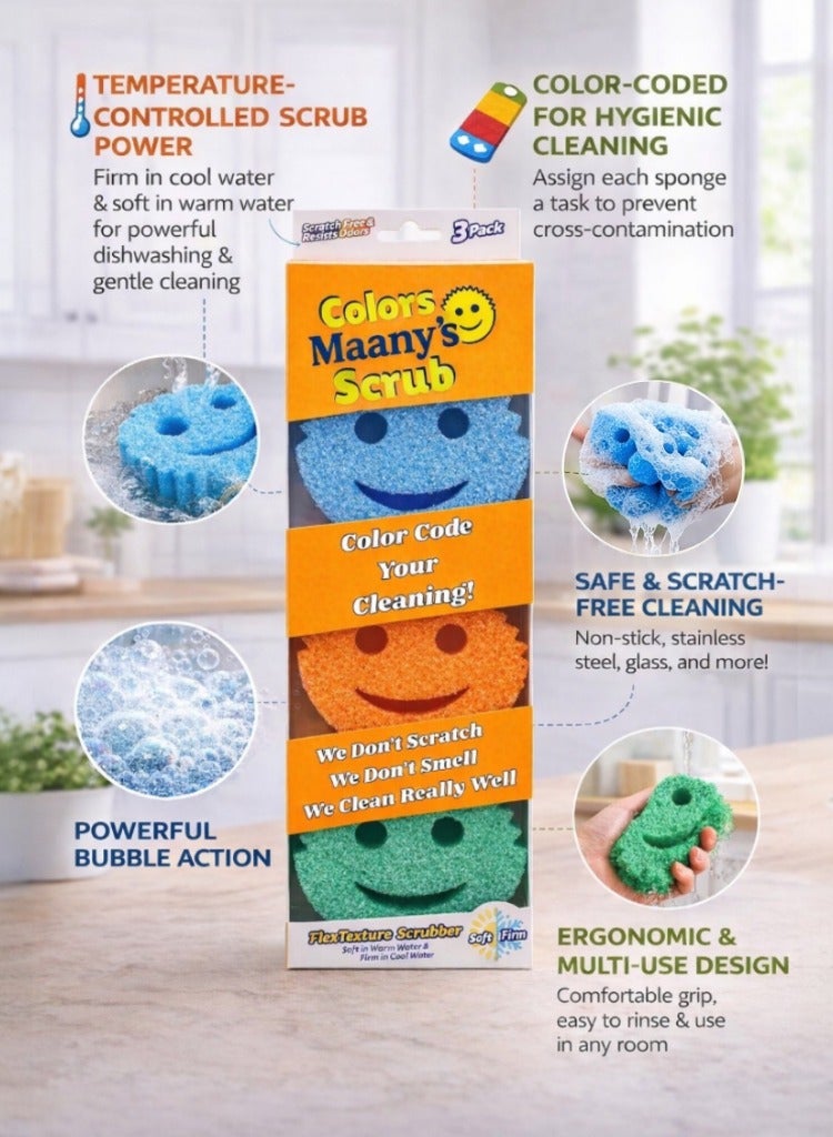 Maanys Scrub Sponge Set – Pack of 3 Multicolor Dual-Sided Non-Scratch Sponges, Soft & Firm Temperature-Controlled Texture, Odor Resistant, Deep Cleaning Sponges for Kitchen, Dishes & Home - Image 3