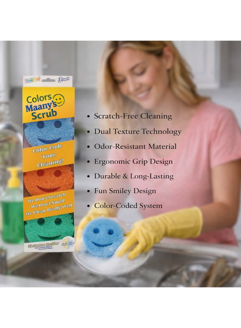 Maanys Scrub Sponge Set – Pack of 3 Multicolor Dual-Sided Non-Scratch Sponges, Soft & Firm Temperature-Controlled Texture, Odor Resistant, Deep Cleaning Sponges for Kitchen, Dishes & Home - Image 4
