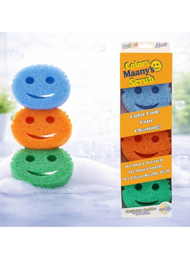 Maanys Scrub Sponge Set – Pack of 3 Multicolor Dual-Sided Non-Scratch Sponges, Soft & Firm Temperature-Controlled Texture, Odor Resistant, Deep Cleaning Sponges for Kitchen, Dishes & Home - Image 5