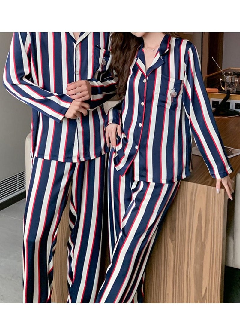 MARGOUN بيجامات مطابقة للأزواج من الحرير بأكمام طويلة مزخرفة للنوم من الساتان ناعمة بأزرار ملابس مريحة بي جيز زرقاء XXL و XL MG05 - Image 4