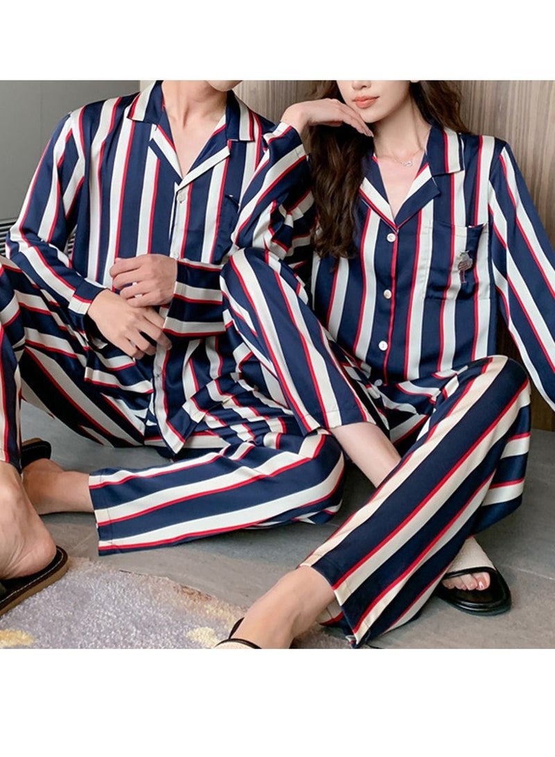 MARGOUN بيجامات مطابقة للأزواج من الحرير بأكمام طويلة مزخرفة للنوم من الساتان ناعمة بأزرار ملابس مريحة بي جيز زرقاء XXL و XL MG05 - Image 3