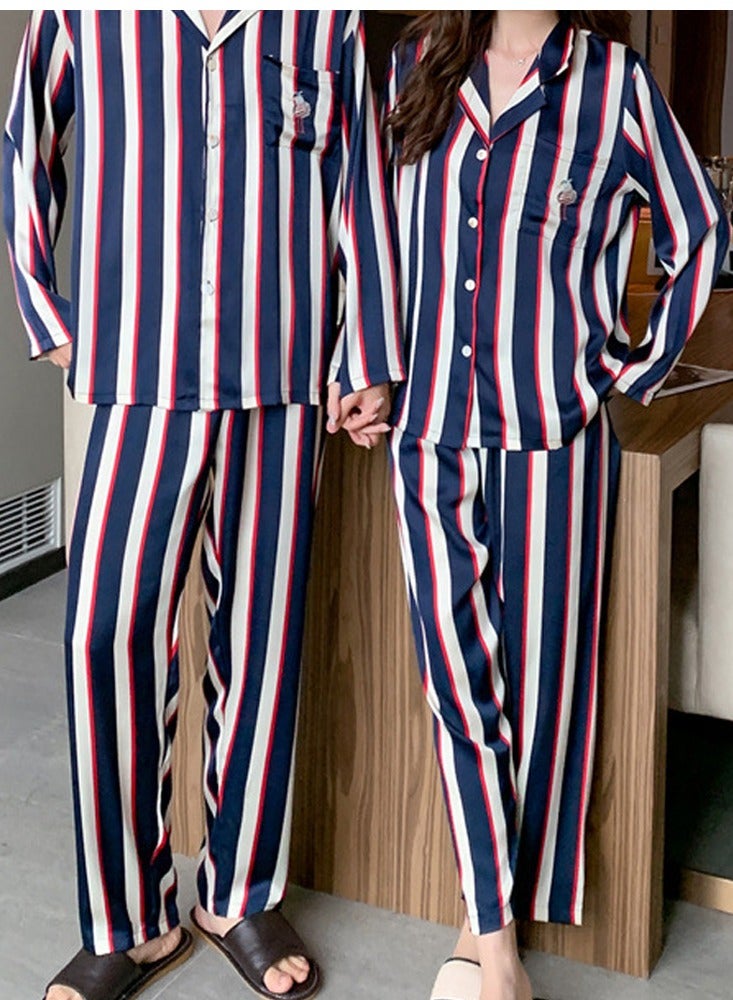 MARGOUN بيجامات مطابقة للأزواج من الحرير بأكمام طويلة مزخرفة للنوم من الساتان ناعمة بأزرار ملابس مريحة بي جيز زرقاء XXL و XL MG05 - Image 1