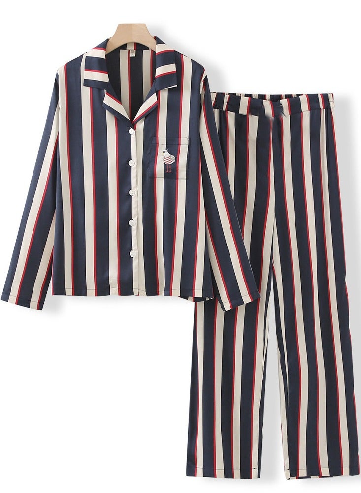 MARGOUN بيجامات مطابقة للأزواج من الحرير بأكمام طويلة مزخرفة للنوم من الساتان ناعمة بأزرار ملابس مريحة بي جيز زرقاء XXL و XL MG05 - Image 2