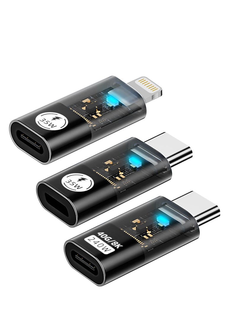 SYOSI 35W/480Mbps USB-C Male to Lightning Female Adapter, 240W/40Gbps USB Type C Male to Female Extender, 35W/480Mbps USB C Female to Lightning Male Converter (3 Pack, Transparent Black) - Image 1