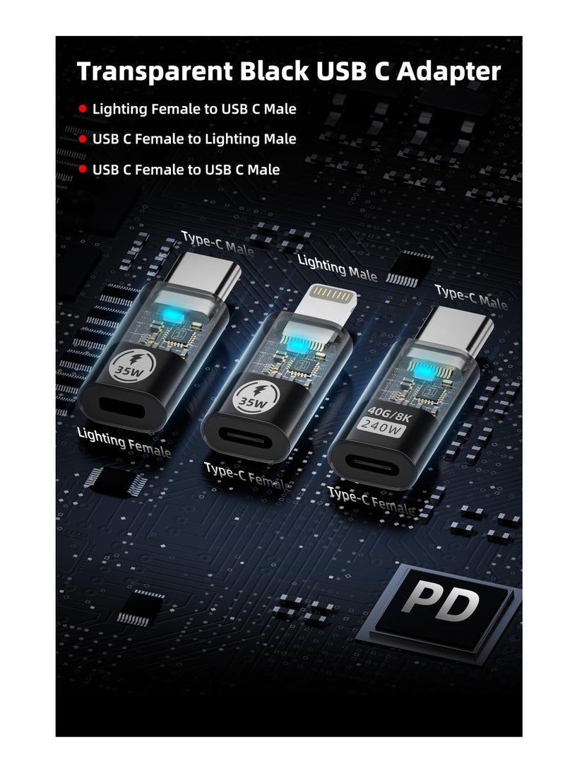 SYOSI 35W/480Mbps USB-C Male to Lightning Female Adapter, 240W/40Gbps USB Type C Male to Female Extender, 35W/480Mbps USB C Female to Lightning Male Converter (3 Pack, Transparent Black) - Image 2