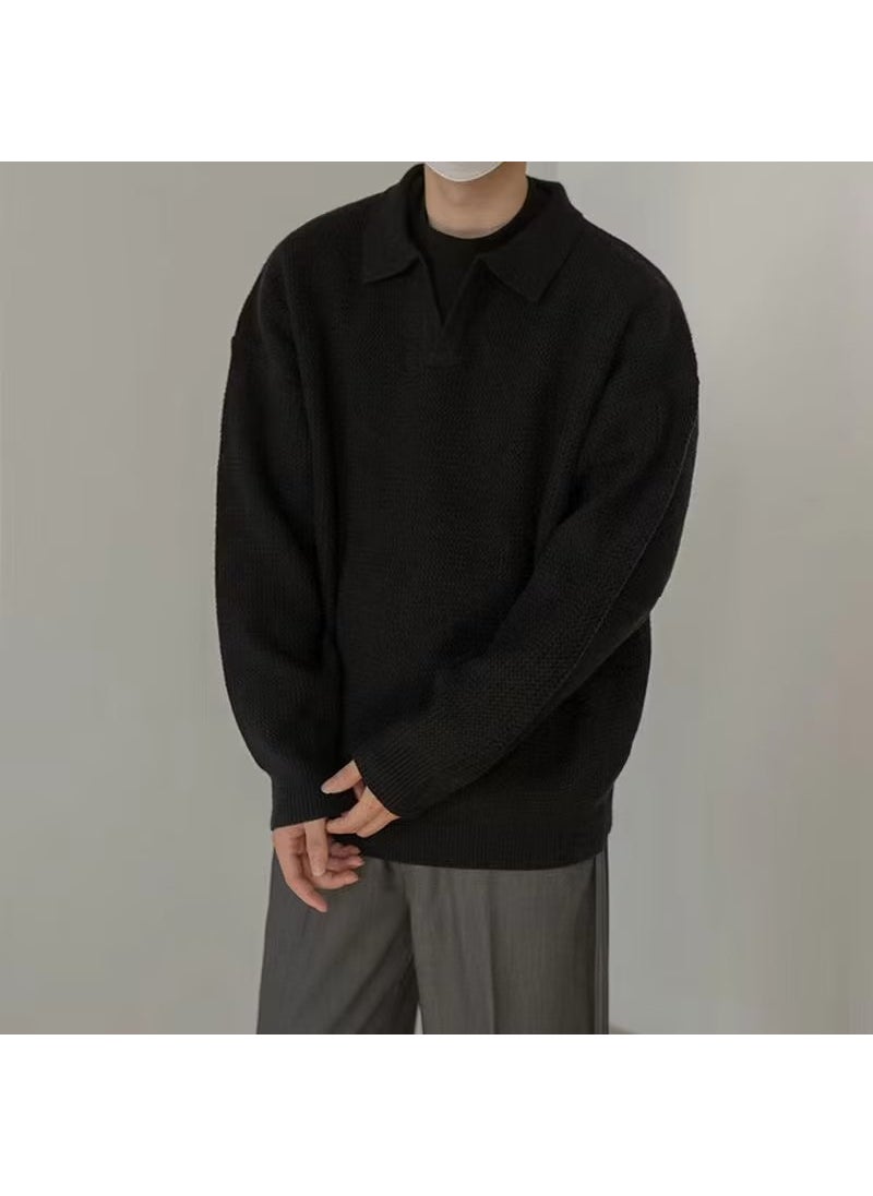 Generic - Autumn Winter Korean Vintage Lapel Sweater Mens V-neck Casual Loose Fit Long Sleeve Knit Base Layer Top Trendy Pullovers YM13 Brown - Image 1