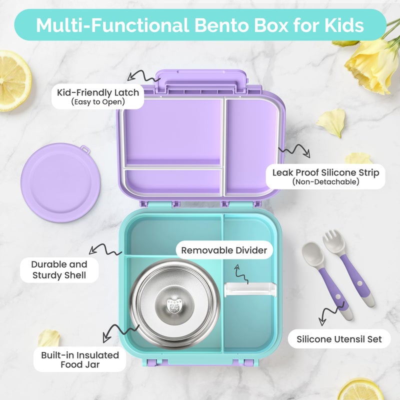 BEAQUEE Bento Box for Kids with Soup Thermos(9oz)â€“ Kid Bento Lunch Box with Leak Proof Insulated Food Jar, Hot & Cold Lunch Container Set for School Girls Boys, 4-Compartments, Purple/Blue - Image 2