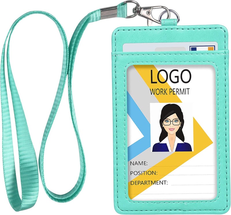 Teskyer Badge Holder with Lanyard, Leather ID Name Badge Card Holder with Lanyard for ID Badges, Vertical Green - Image 1