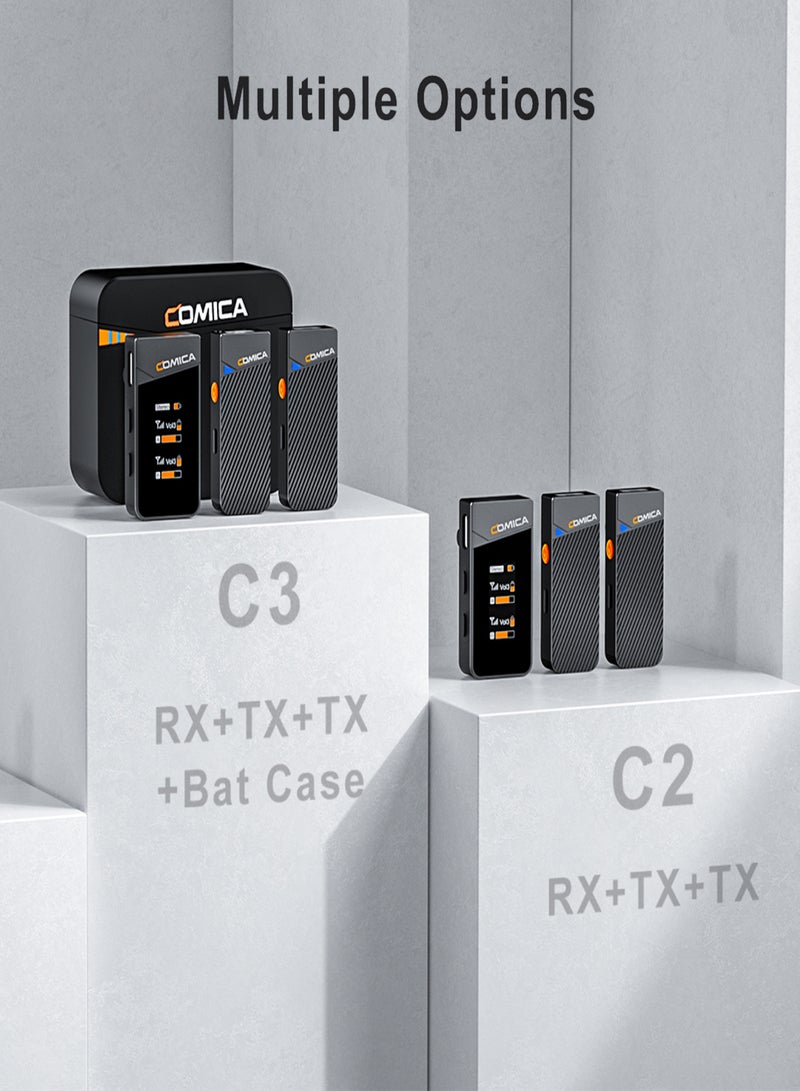 كوميكا نظام ميكروفون لاسلكي COMICA Vimo C3 مع جهاز استقبال واحد وميكروفونين، مدى إرسال يصل إلى 200 متر، سرعة قابلة للتعديل بأربعة مستويات، بطارية مدمجة مع علبة شحن، بديل لهواتف أندرويد وأجهزة الكمبيوتر. - Image 3