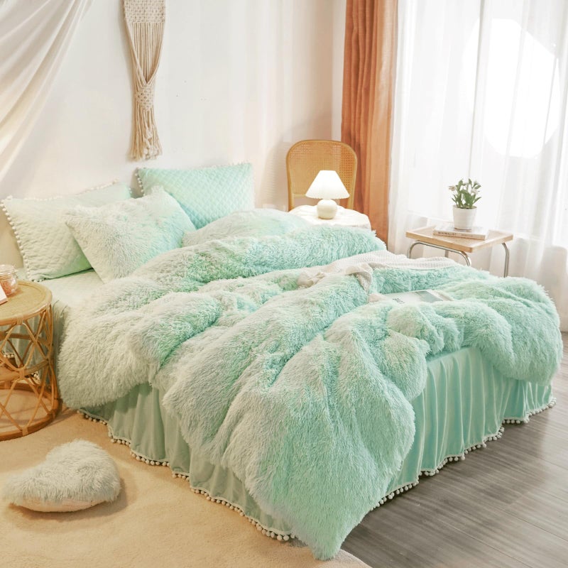 HAIHUA Mint Green Fluffy Comforter, Plush Shaggy Duvet Cover 1 Piece Set (1 Faux Fur Duvet Cover) Velvet Bedding Twin Bed Set, Zipper Closure - Image 1