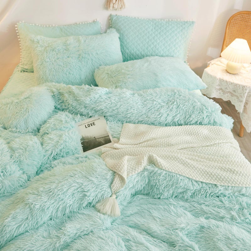HAIHUA Mint Green Fluffy Comforter, Plush Shaggy Duvet Cover 1 Piece Set (1 Faux Fur Duvet Cover) Velvet Bedding Twin Bed Set, Zipper Closure - Image 5