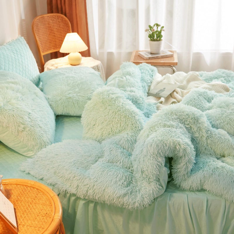 HAIHUA Mint Green Fluffy Comforter, Plush Shaggy Duvet Cover 1 Piece Set (1 Faux Fur Duvet Cover) Velvet Bedding Twin Bed Set, Zipper Closure - Image 3