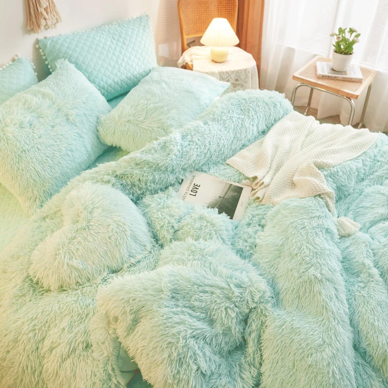 HAIHUA Mint Green Fluffy Comforter, Plush Shaggy Duvet Cover 1 Piece Set (1 Faux Fur Duvet Cover) Velvet Bedding Twin Bed Set, Zipper Closure - Image 4