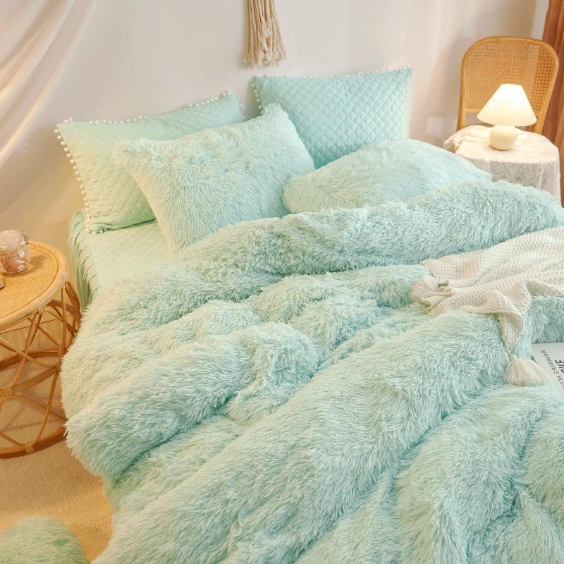 HAIHUA Mint Green Fluffy Comforter, Plush Shaggy Duvet Cover 1 Piece Set (1 Faux Fur Duvet Cover) Velvet Bedding Twin Bed Set, Zipper Closure - Image 2