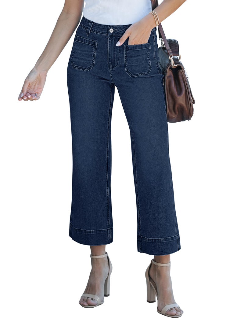 luvamia High Waisted Cropped Wide Leg Jeans for Women Casual Flared Denim Capri Pants with Pockets Western Clothes for Women Vintage Blue Size Large Fits Size 12-14 - Image 1