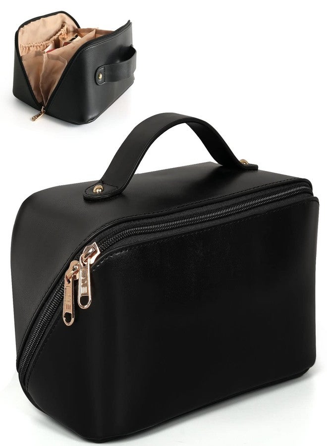 MAMUNU Large Capacity Cosmetic Bag, Travel Cosmetic Storage Bag with Handle, Portable Zipper Cosmetic Bag Toiletry Bag Makeup Bag Large with Compartments for Women Girls (Black) - Image 1