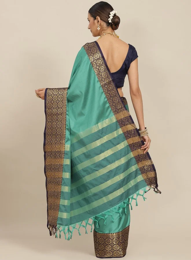 ISHIN Green & Navy Blue Solid Zari Saree