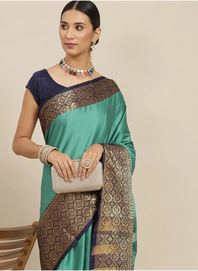 آي شين Green & Navy Blue Solid Zari Saree