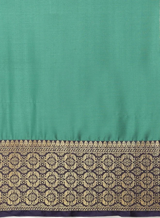 ISHIN Green & Navy Blue Solid Zari Saree
