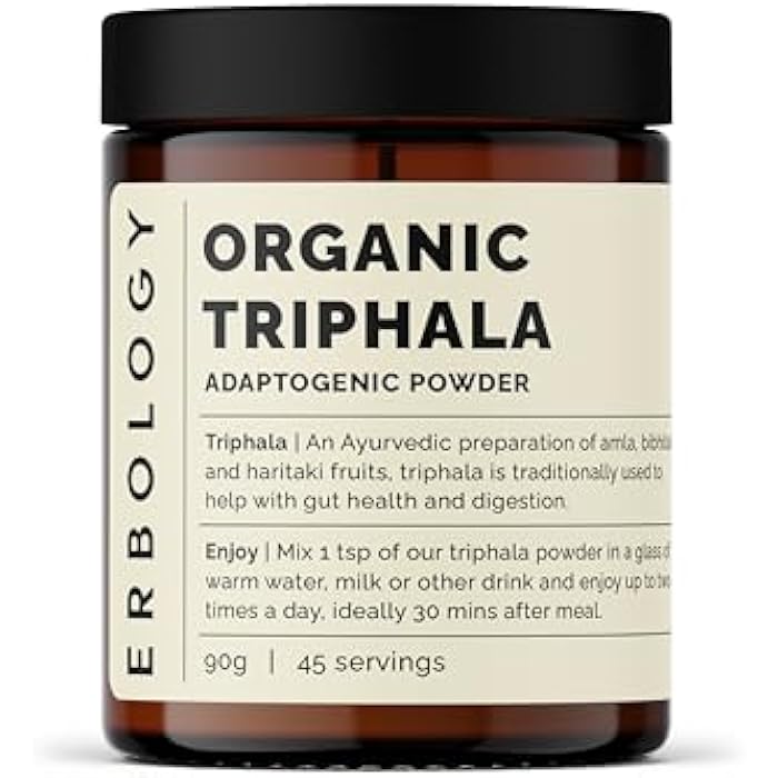Erbology 100% Organic Triphala Powder 3.2 oz - 45 Servings - Ayurvedic Blend of Amla, Haritaki & Bibhitaki - Gut Health - Straight from Farm in India - Raw, Vegan and Gluten-Free - Non-GMO - Image 1