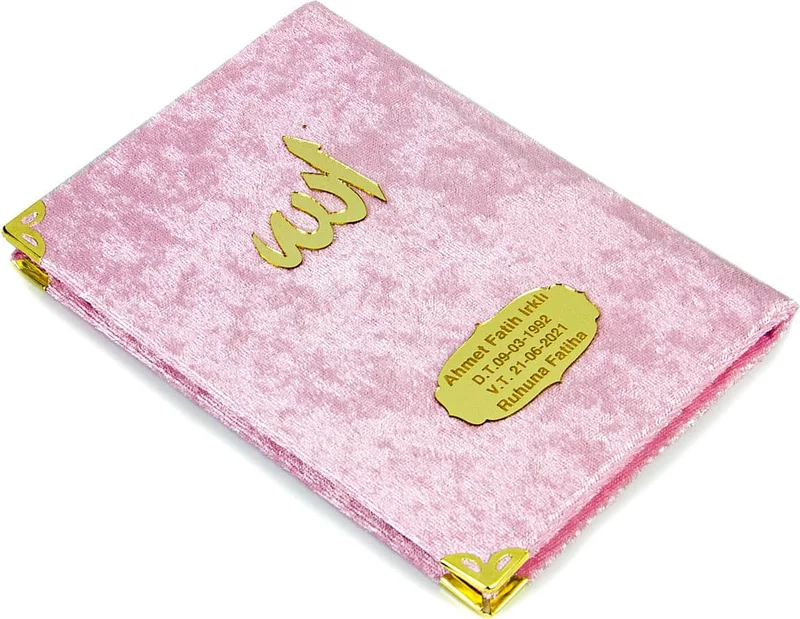 ايهفان اونلاين 10 Velvet Covered Yasin Books - Bag Size - Personalized Plate - With Rosary - Pouch - Pink Color - Mevlüt Gift - 80 Pages