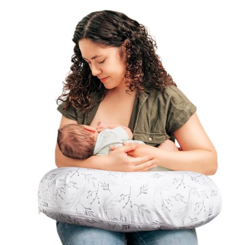 Boppy Nursing Pillow Firm Ergonomic UShaped Bottle and Breastfeeding Pillow with High Lift for Comfort and Support Spacious Surface Gray Gentle Leaves - Image 1