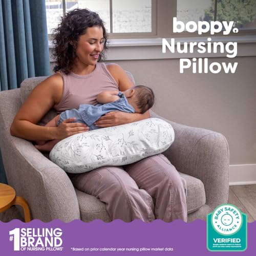 Boppy Nursing Pillow Firm Ergonomic UShaped Bottle and Breastfeeding Pillow with High Lift for Comfort and Support Spacious Surface Gray Gentle Leaves - Image 3