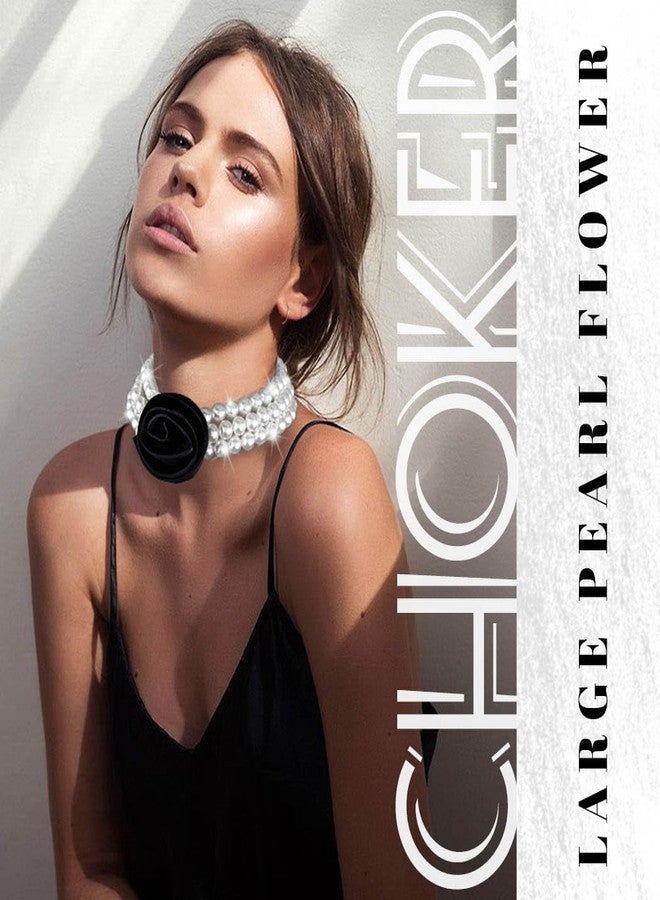 Gangel Flower Pearl Necklace Choker Layered Pearl Necklaces Vintage Faux Pearls Necklace Wedding Prom Jewelry Choker Necklace for Women (Black) - Image 3