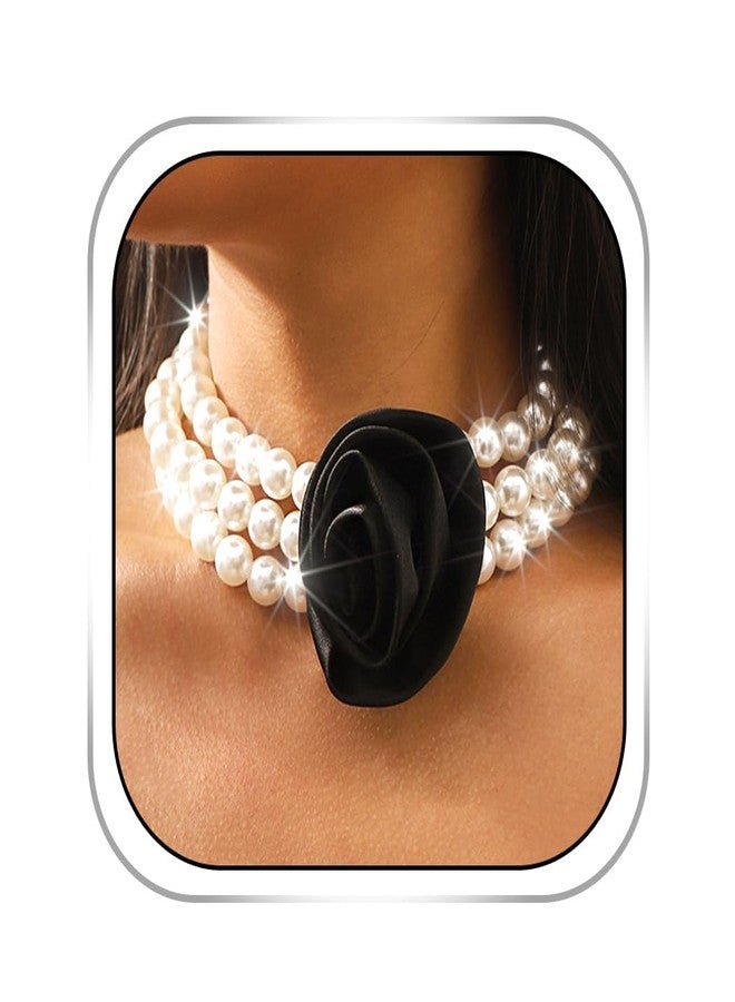 Gangel Flower Pearl Necklace Choker Layered Pearl Necklaces Vintage Faux Pearls Necklace Wedding Prom Jewelry Choker Necklace for Women (Black) - Image 1