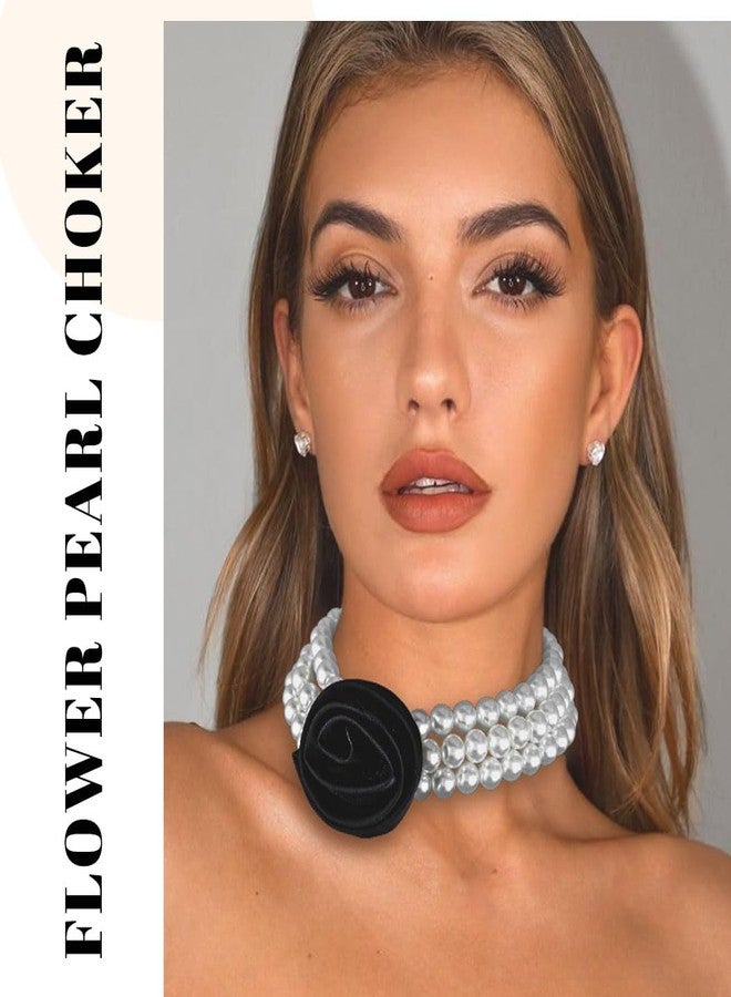 Gangel Flower Pearl Necklace Choker Layered Pearl Necklaces Vintage Faux Pearls Necklace Wedding Prom Jewelry Choker Necklace for Women (Black) - Image 5